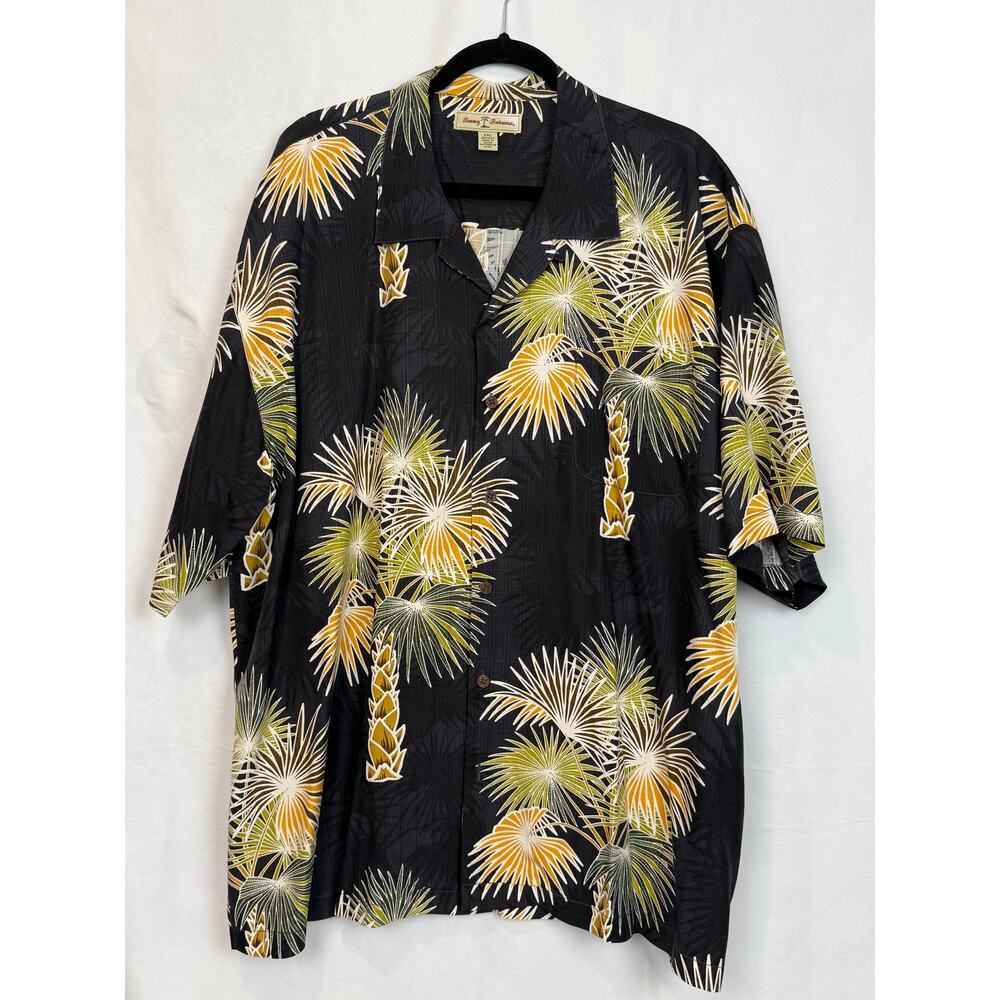 Tommy Bahama 100% Silk Hawaiian Camp Shirt XXL Black Palm Print
